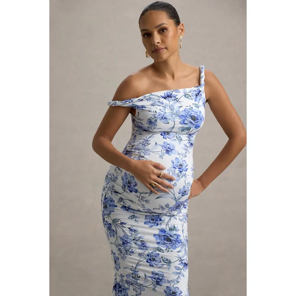 Lita | Robe Longue de Maternité Asymétrique Torsadée Bleu Floral