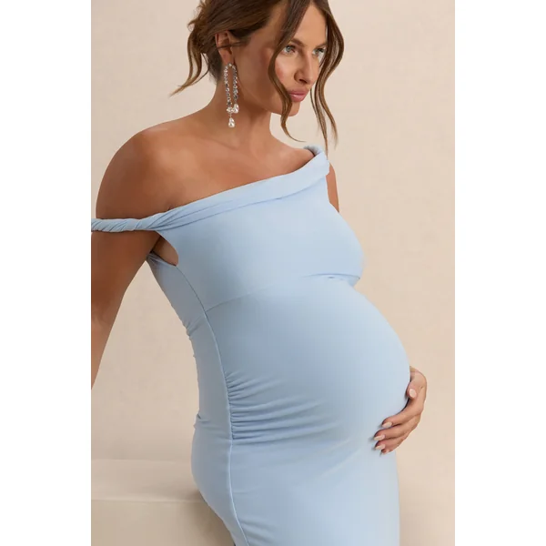 Lita | Robe Longue de Maternité Asymétrique Torsadée Bleu Poudré