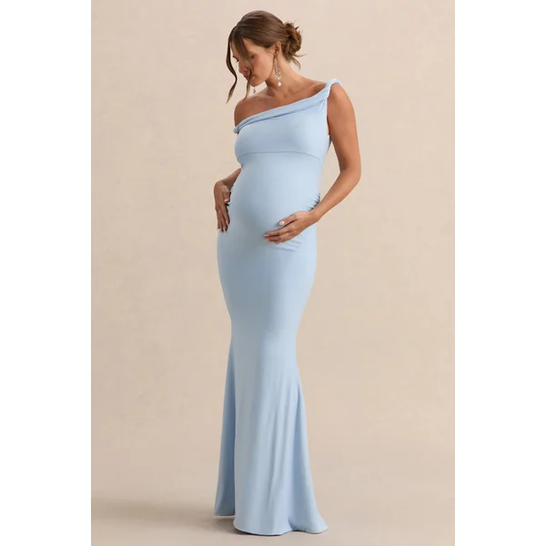 Lita | Robe Longue de Maternité Asymétrique Torsadée Bleu Poudré