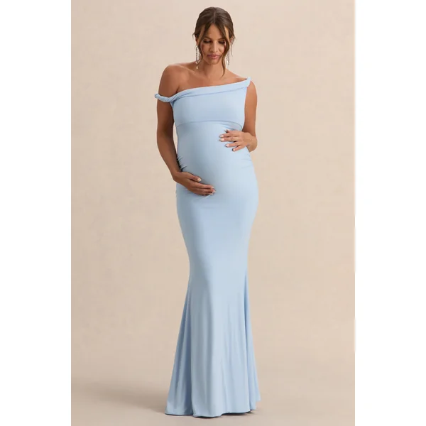Lita | Robe Longue de Maternité Asymétrique Torsadée Bleu Poudré