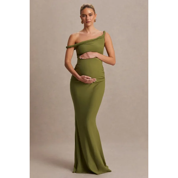 Lita | Robe Longue de Maternité Asymétrique Torsadée Olive