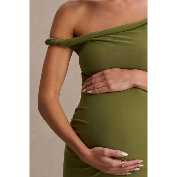 Lita | Robe Longue de Maternité Asymétrique Torsadée Olive