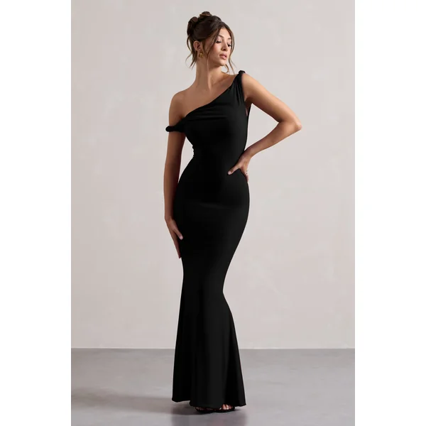 Lita | Robe longue noir à décolleté torsadé asymétrique