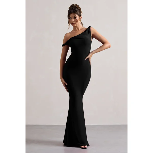 Lita | Robe longue noir à décolleté torsadé asymétrique