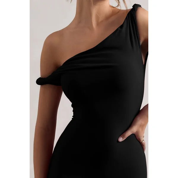Lita | Robe longue noir à décolleté torsadé asymétrique