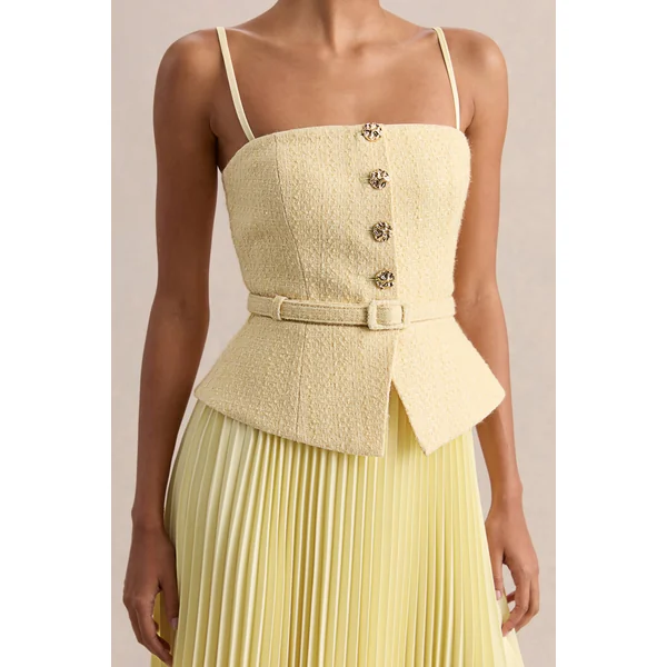 Lizzy | Robe mi-longue citron à encolure carrée avec jupe plissée