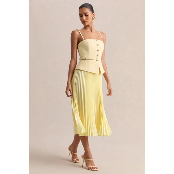 Lizzy | Robe mi-longue citron à encolure carrée avec jupe plissée