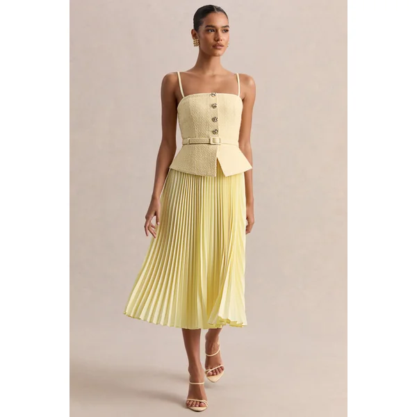 Lizzy | Robe mi-longue citron à encolure carrée avec jupe plissée