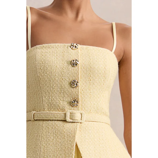 Lizzy | Robe mi-longue citron à encolure carrée avec jupe plissée