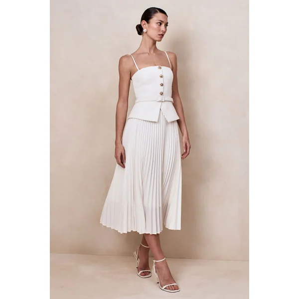 Lizzy | Robe mi-longue crème à encolure carrée avec jupe plissée