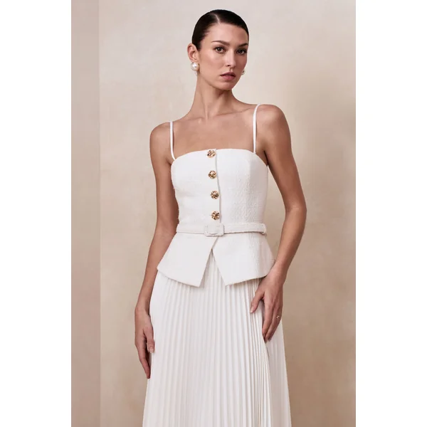 Lizzy | Robe mi-longue crème à encolure carrée avec jupe plissée