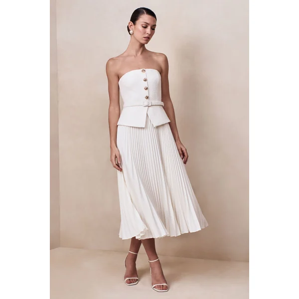 Lizzy | Robe mi-longue crème à encolure carrée avec jupe plissée