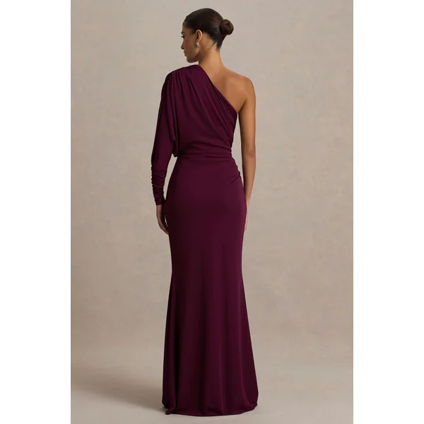 Lola | Robe longue bordeaux à encolure asymétrique avec fronces et fente avant haute