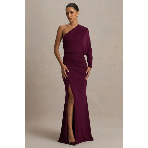 Lola | Robe longue bordeaux à encolure asymétrique avec fronces et fente avant haute