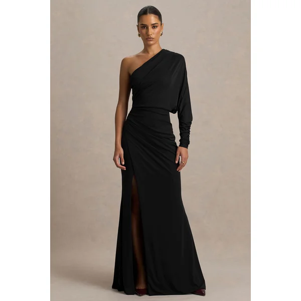 Lola | Robe longue noire à encolure asymétrique avec fronces et fente avant haute