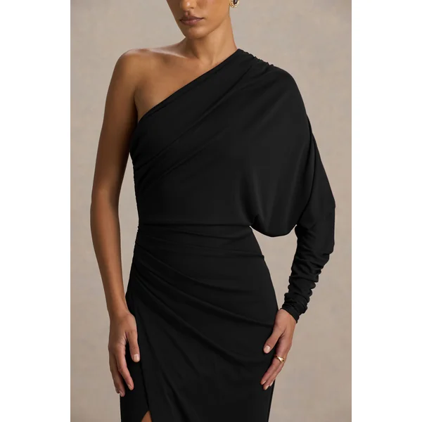 Lola | Robe longue noire à encolure asymétrique avec fronces et fente avant haute