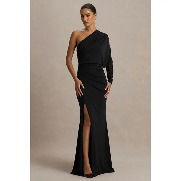 Lola | Robe longue noire à encolure asymétrique avec fronces et fente avant haute