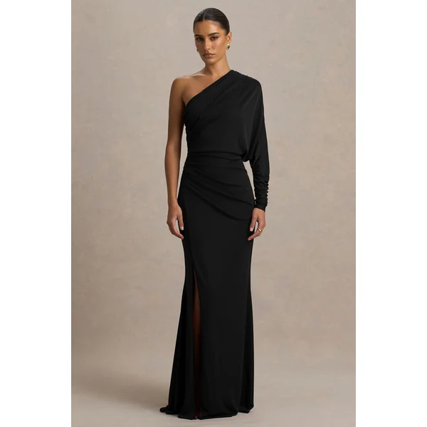Lola | Robe longue noire à encolure asymétrique avec fronces et fente avant haute