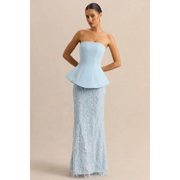 Lorna | Robe longue bleu poudré à encolure bandeau avec détail écharpe