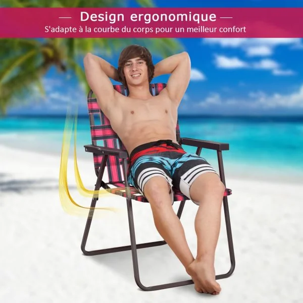 Lot 6 Chaises de Plage Pliantes en Toile avec Accoudoirs en Acier en Forme de U Supporter 120 KG