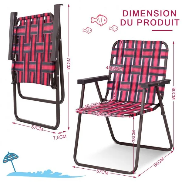 Lot 6 Chaises de Plage Pliantes en Toile avec Accoudoirs en Acier en Forme de U Supporter 120 KG