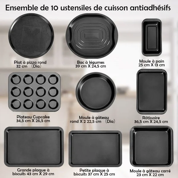 Lot de 10 Moules à Pâtisserie Anti-adhésif Sans Pfoa Ensemble D'ustensiles de Cuisson Polyvalent en Acier Carbone