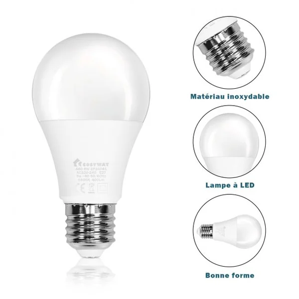 Lot de 12 Ampoules Led Culot E27 à Visser A60 9w Durée de Vie 25000 Heures 6500k de Température de Couleur Non Dimmable