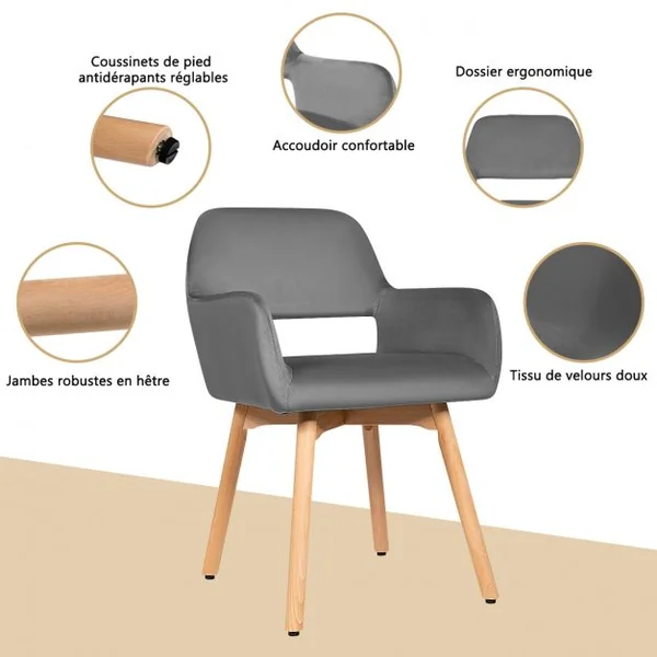 Lot de 2 Chaises avec Accoudoirs et Coussin Rembourré Chaises de Loisirs avec Pieds en Hêtre Gris foncé