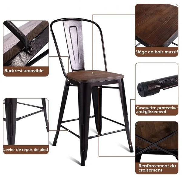 Lot de 2 Chaises de Style Industriel pour Bar Restaurant Cuisine Dossier en Métal Siège en Orme 45x52x99cm Bronze