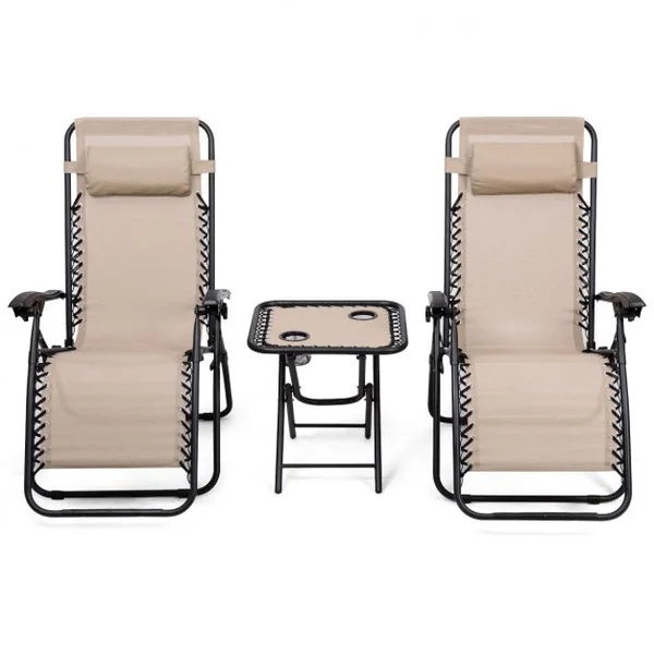Lot de 2 Chaises Longue Pliantes avec Table Dossier Inclinable Capacité 120 Kg et Table 20 Kg en Acier et Tissu Beige