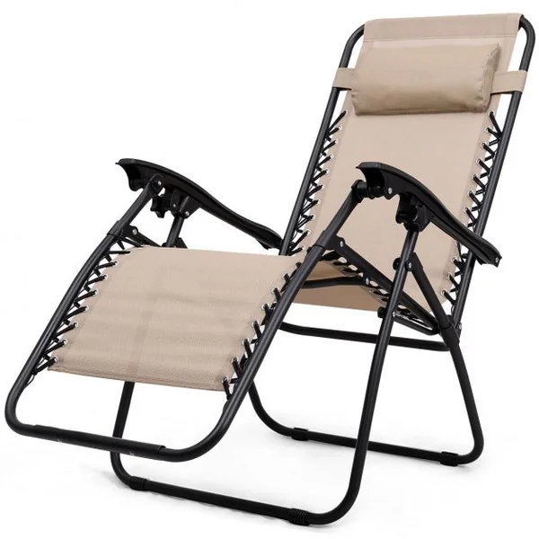 Lot de 2 Chaises Longue Pliantes avec Table Dossier Inclinable Capacité 120 Kg et Table 20 Kg en Acier et Tissu Beige