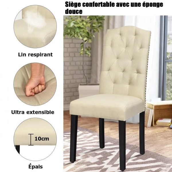 Lot de 2 Chaises Tissu en Lin Respirante Dossier Incurvé Ergonomique Pieds en Bois d’Hévéa Robustes