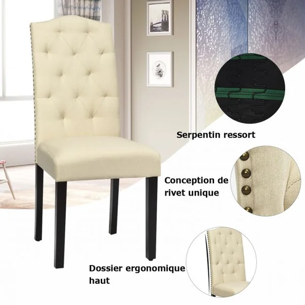Lot de 2 Chaises Tissu en Lin Respirante Dossier Incurvé Ergonomique Pieds en Bois d’Hévéa Robustes