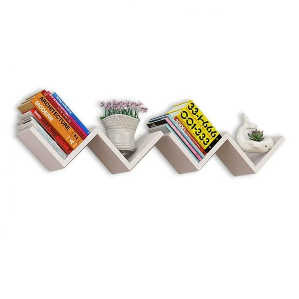 Lot de 2 Etagères murales en forme W Etagère murale Rétro Etagère suspendue en bois pour DVD CD, 53 x 15 x 15 cm, Blanc