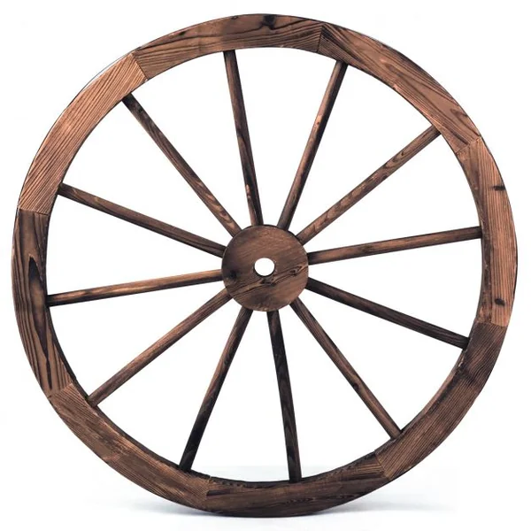 Lot de 2 Roues de Décoration Vintage Ornement de Jardin Bistrot et Cave en Bois Grain Fin et Fer, 76x76x3,5cm, Marron