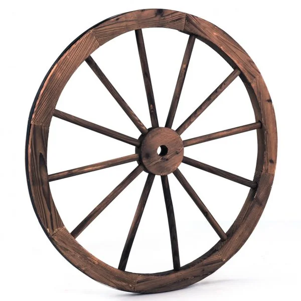Lot de 2 Roues de Décoration Vintage Ornement de Jardin Bistrot et Cave en Bois Grain Fin et Fer, 76x76x3,5cm, Marron
