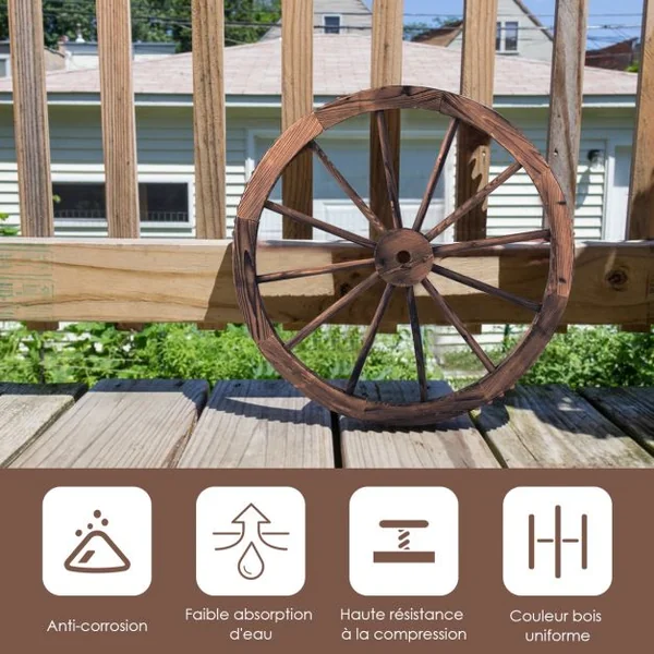Lot de 2 Roues de Décoration Vintage Ornement de Jardin Bistrot et Cave en Bois Grain Fin et Fer, 76x76x3,5cm, Marron
