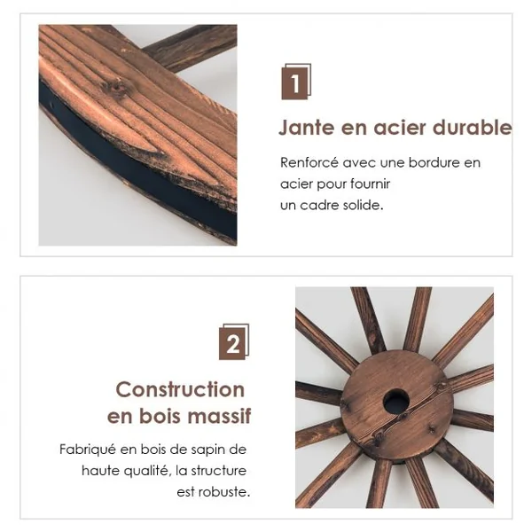 Lot de 2 Roues de Décoration Vintage Ornement de Jardin Bistrot et Cave en Bois Grain Fin et Fer, 76x76x3,5cm, Marron