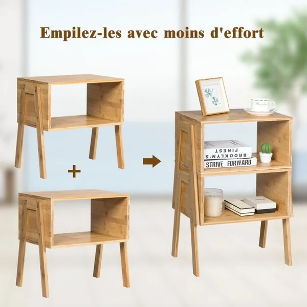 Lot de 2 Table de Chevet Matériau non-toxique Avec Compartiment de Rangement Ouvert Naturel