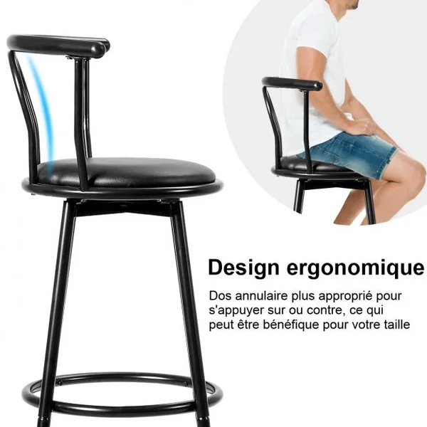 Lot de 2 Tabourets de Bar Industriel Pivotant à 360° Repose-pied Structure Acier Capacité 130kg 55x56x101,5cm Noir