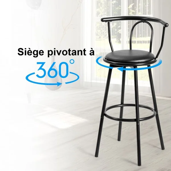 Lot de 2 Tabourets de Bar Industriel Pivotant à 360° Repose-pied Structure Acier Capacité 130kg 55x56x101,5cm Noir