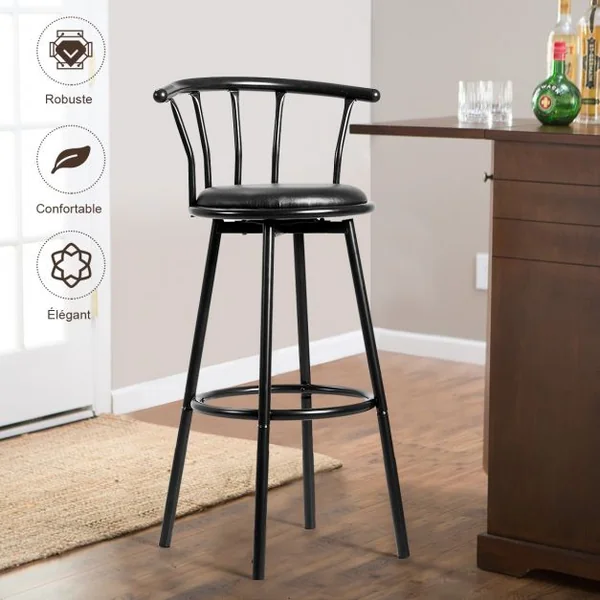 Lot de 2 Tabourets de Bar Pivotant à 360° Repose-pied Coussin Éponge Structure Acier Capacité 130kg 55x56x1015cm Noir