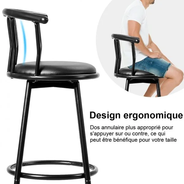 Lot de 2 Tabourets de Bar Pivotant à 360° Repose-pied Coussin Éponge Structure Acier Capacité 130kg 55x56x1015cm Noir