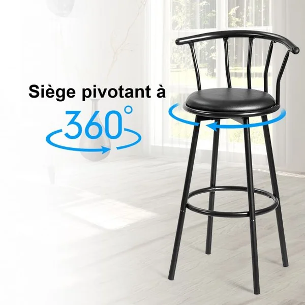 Lot de 2 Tabourets de Bar Pivotant à 360° Repose-pied Coussin Éponge Structure Acier Capacité 130kg 55x56x1015cm Noir