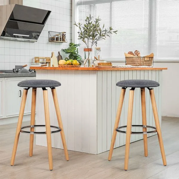 Lot de 2 Tabourets de Bar Rembourré Pied en Bois Massif avec Repose-pieds en Métal Gris