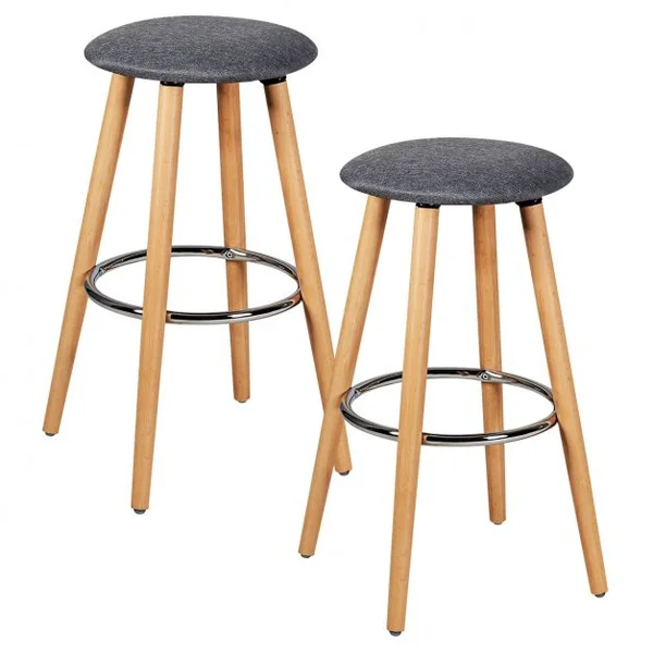 Lot de 2 Tabourets de Bar Rembourré Pied en Bois Massif avec Repose-pieds en Métal Gris