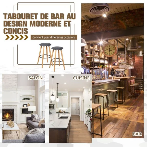 Lot de 2 Tabourets de Bar Rembourré Pied en Bois Massif avec Repose-pieds en Métal Gris