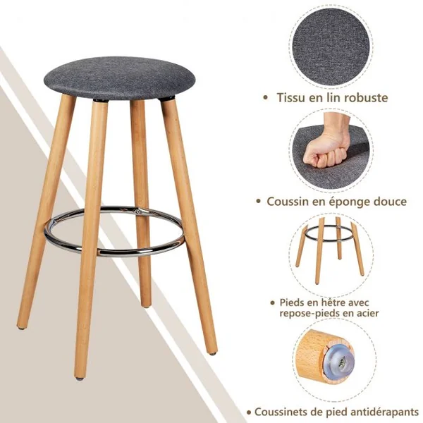 Lot de 2 Tabourets de Bar Rembourré Pied en Bois Massif avec Repose-pieds en Métal Gris