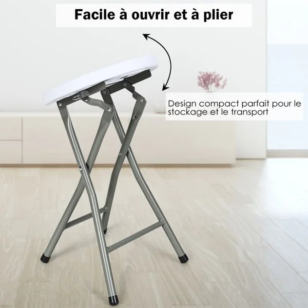 Lot de 2 Tabourets Pliants Tabouret de Bar Pliable Capacité d’un Tabouret 100kg en Plastique et Fer 31x31x46cm Blanc