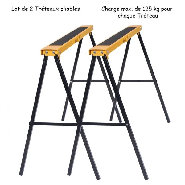 Lot de 2 Tréteaux Pliables Chevalets de Sciage avec Poignée Capacité 2x125kg en Métal, 99,5x48,5x78cm, Jaune